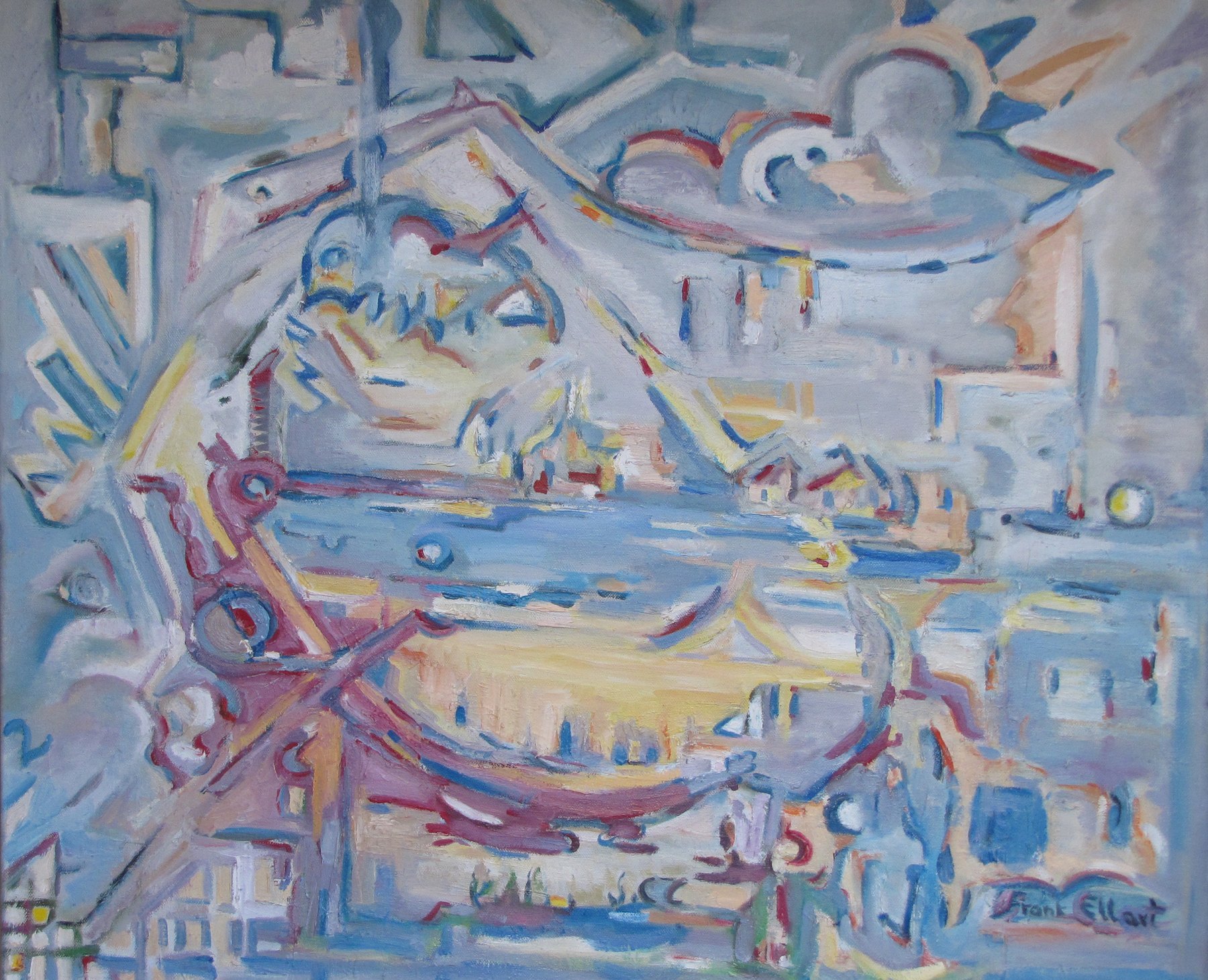 Landschaft in Hellblau, Gelb und Rot, Öl auf Leinwand