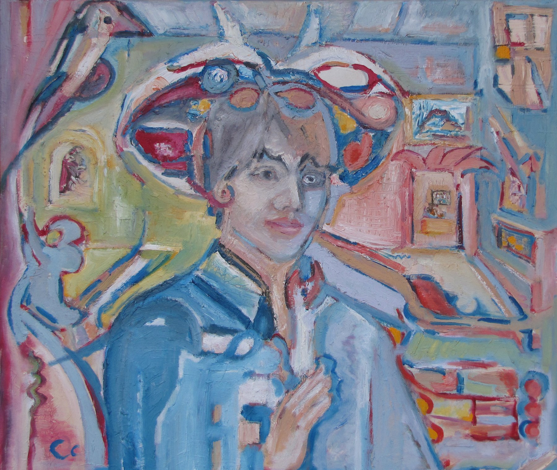 Porträt mit Vogelmotiven in Blau, Rosa und Grün